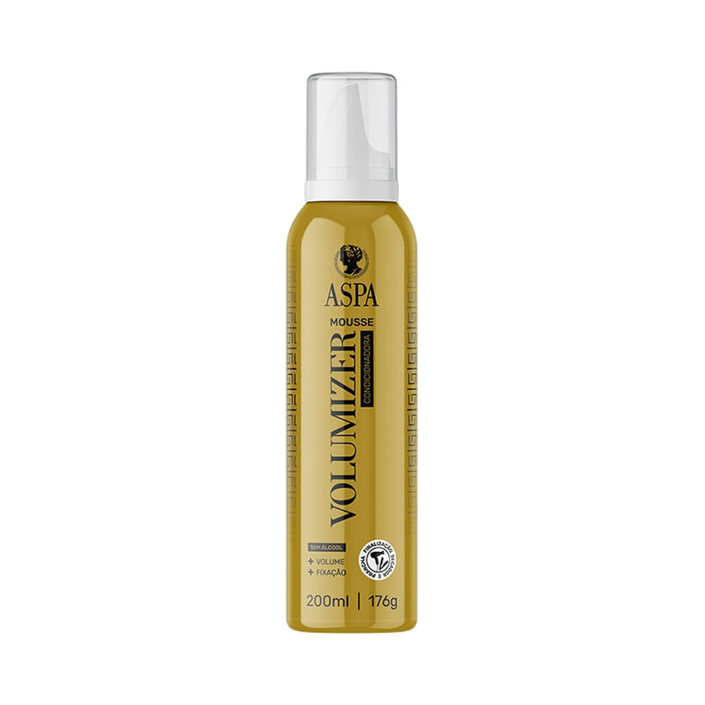Frasco dourado de mousse capilar Aspa Volumizer 200ml com tampa branca translúcida